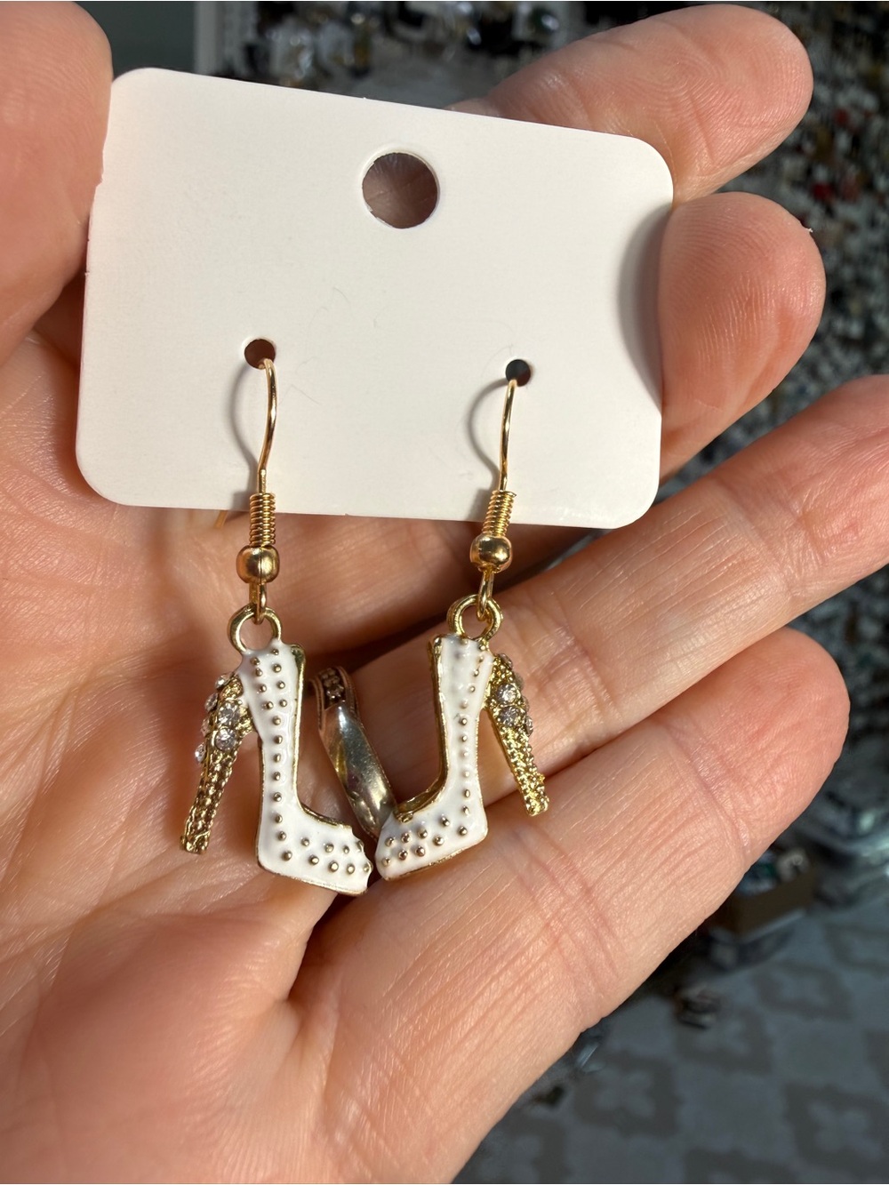 Gold & White High Heel Charm Drop Earrings
